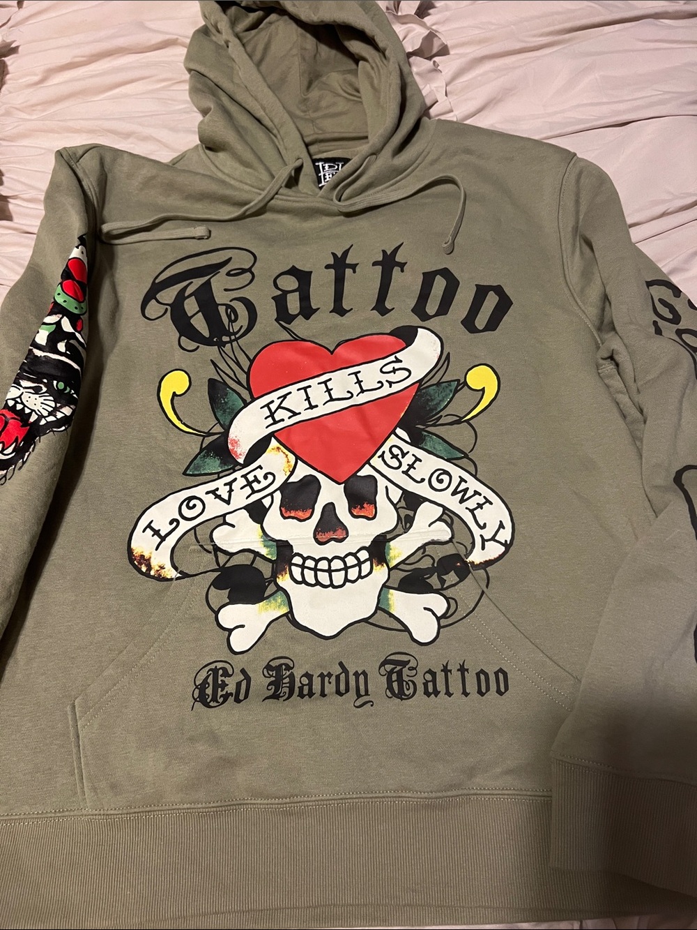 Ed Hardy Olive Hoodie with Red Heart & Skull Graphic